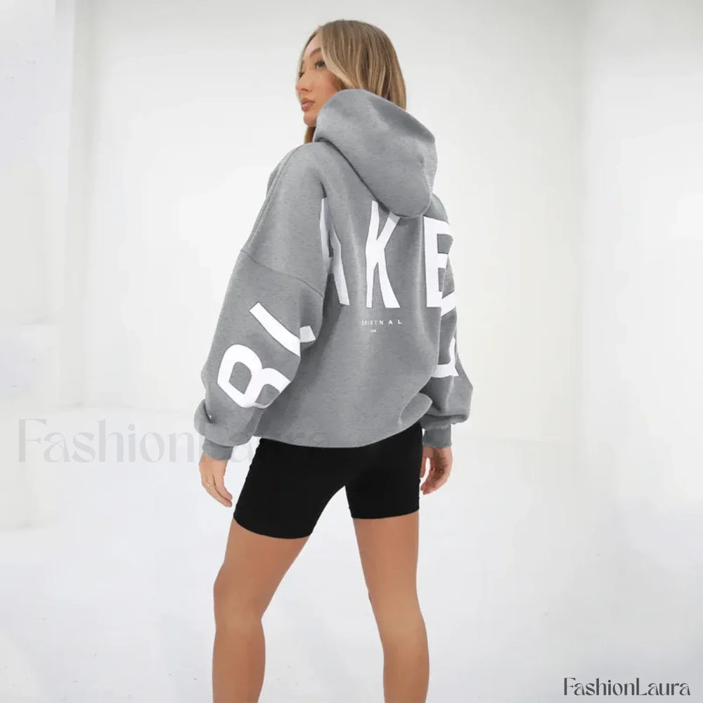 American Retro Letter Print Oversized Hoodie Grey / S