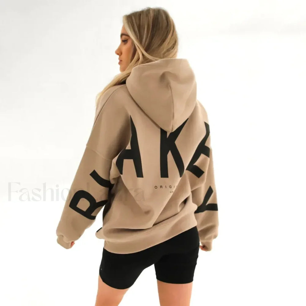 American Retro Letter Print Oversized Hoodie Khaki / S