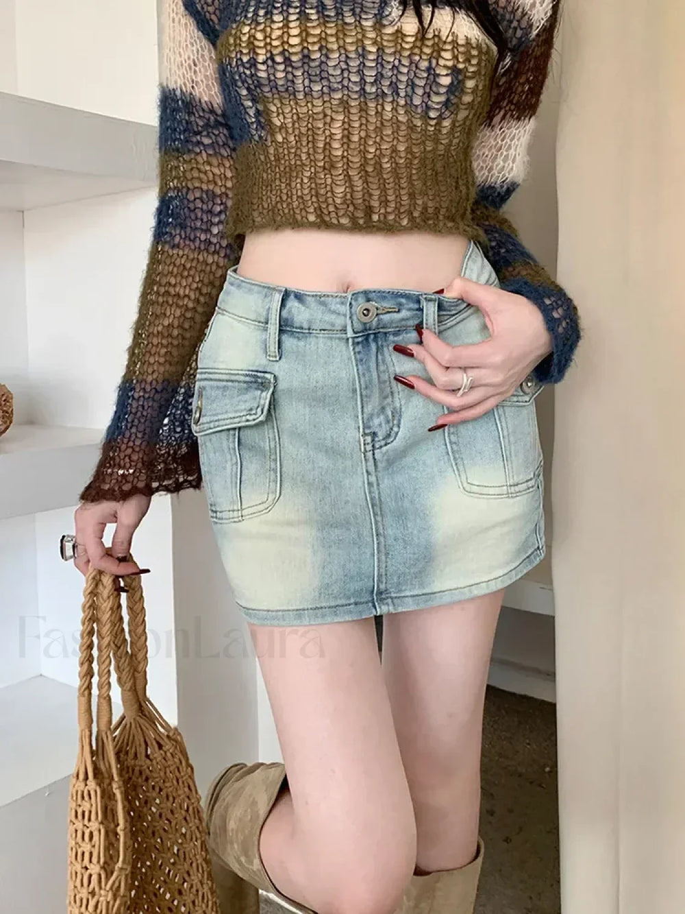 American Retro Street Denim Mini Skirt Light Blue / S