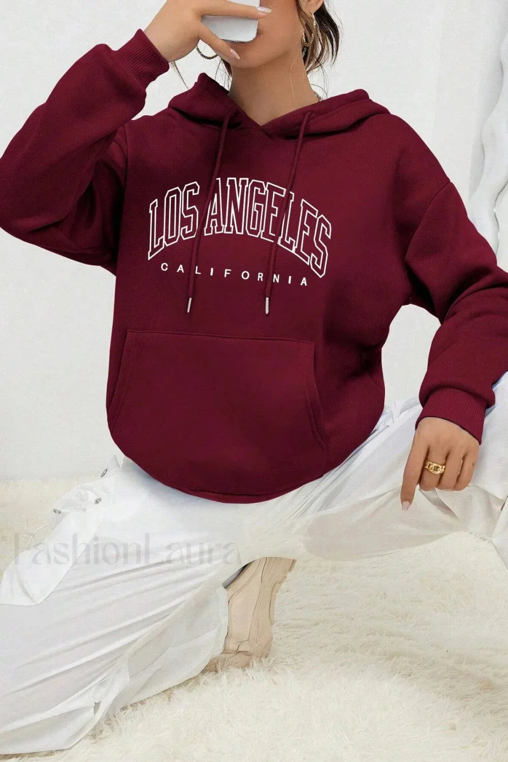 American Style Casual Fleece Hoodie Burgundy / M