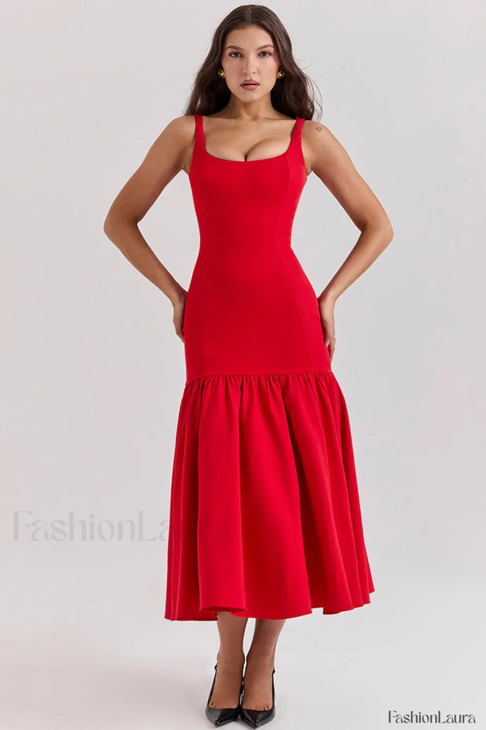 Amore Dropped Stylish Waist Midi Dress XS / Red