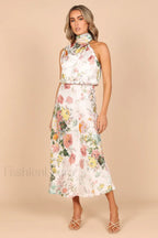 Anabelle Halter Stylish Neck Midi Dress S / White Floral