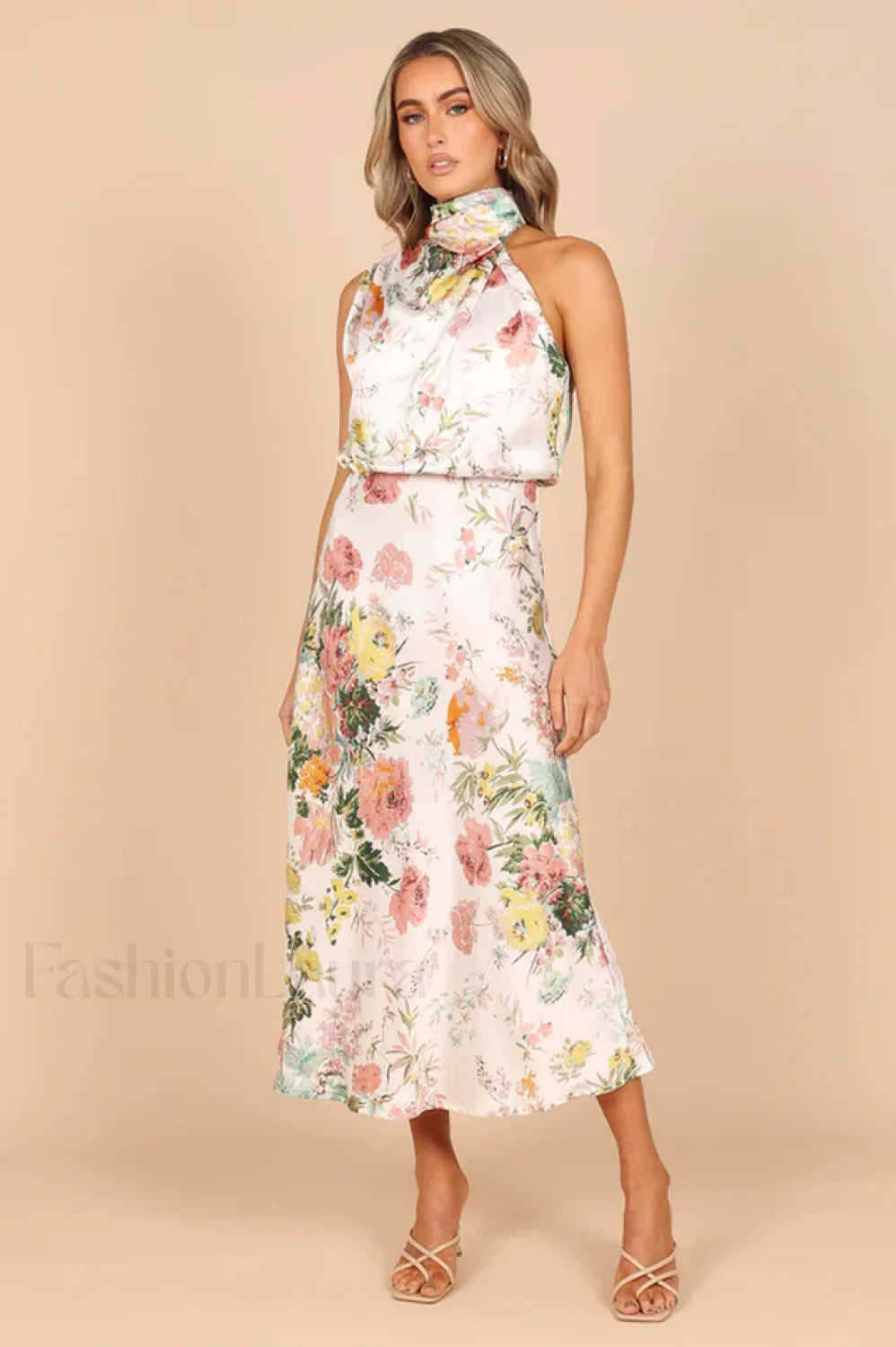 Anabelle Halter Stylish Neck Midi Dress S / White Floral