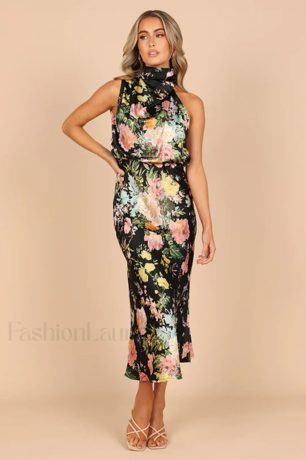 Anabelle Halter Stylish Neck Midi Dress S / Black Floral