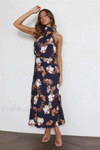 Anabelle Halter Stylish Neck Midi Dress S / Navy Floral