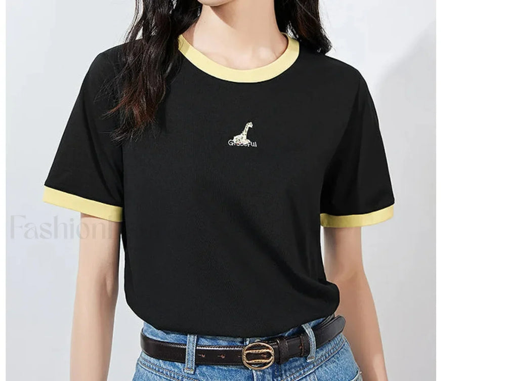 Animal Embroidery Contrast Cotton T Shirt Black / S