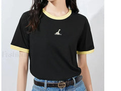 Animal Embroidery Contrast Cotton T Shirt Black / S