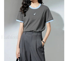 Animal Embroidery Contrast Cotton T Shirt Dark Gray / S
