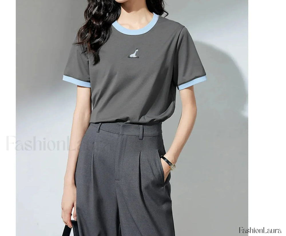 Animal Embroidery Contrast Cotton T Shirt Dark Gray / S