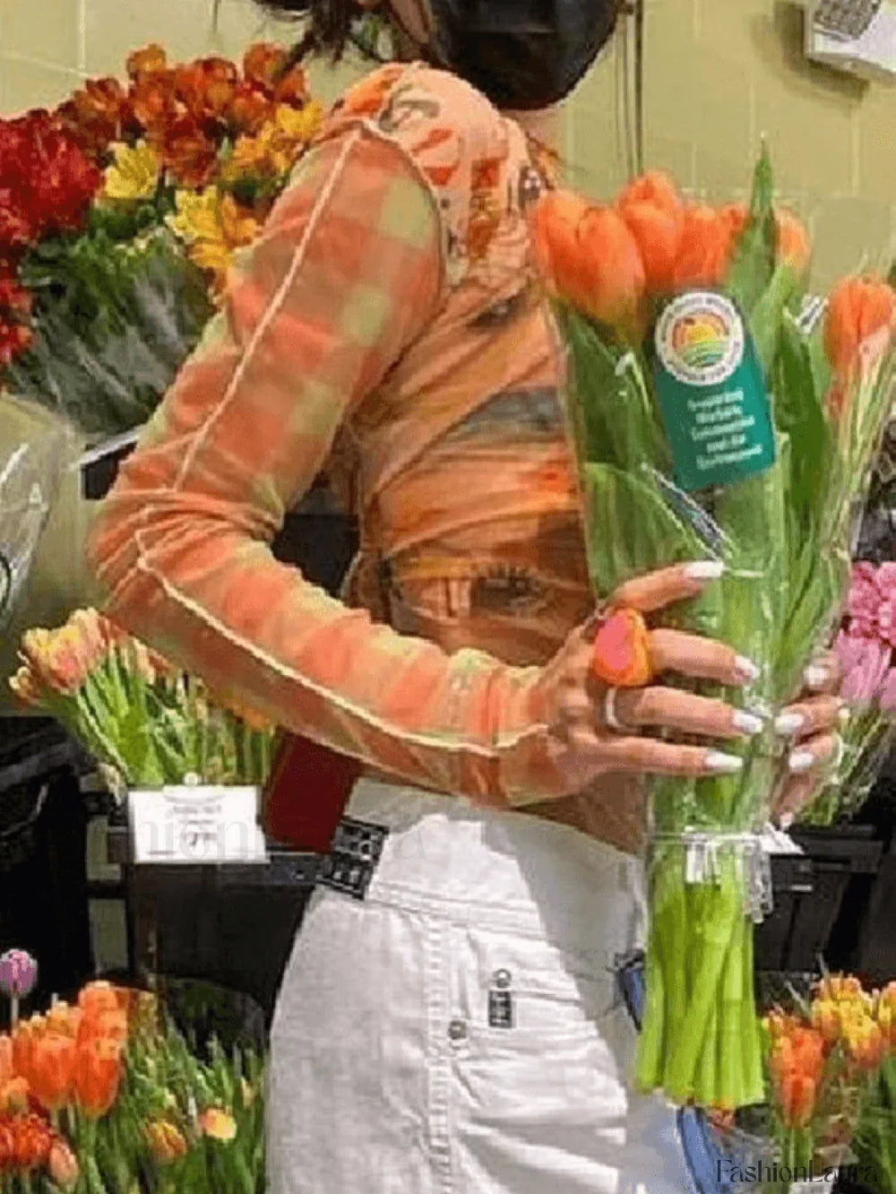 Anime Printed Long Sleeve Mesh Crop Top Tops&Tees