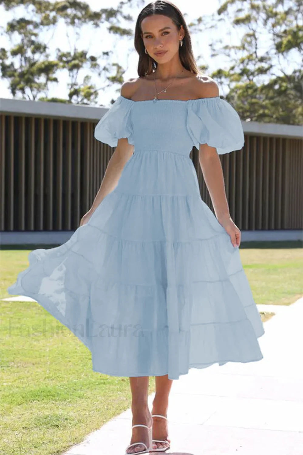 Anne Elegant Tiered Dress S / Sky