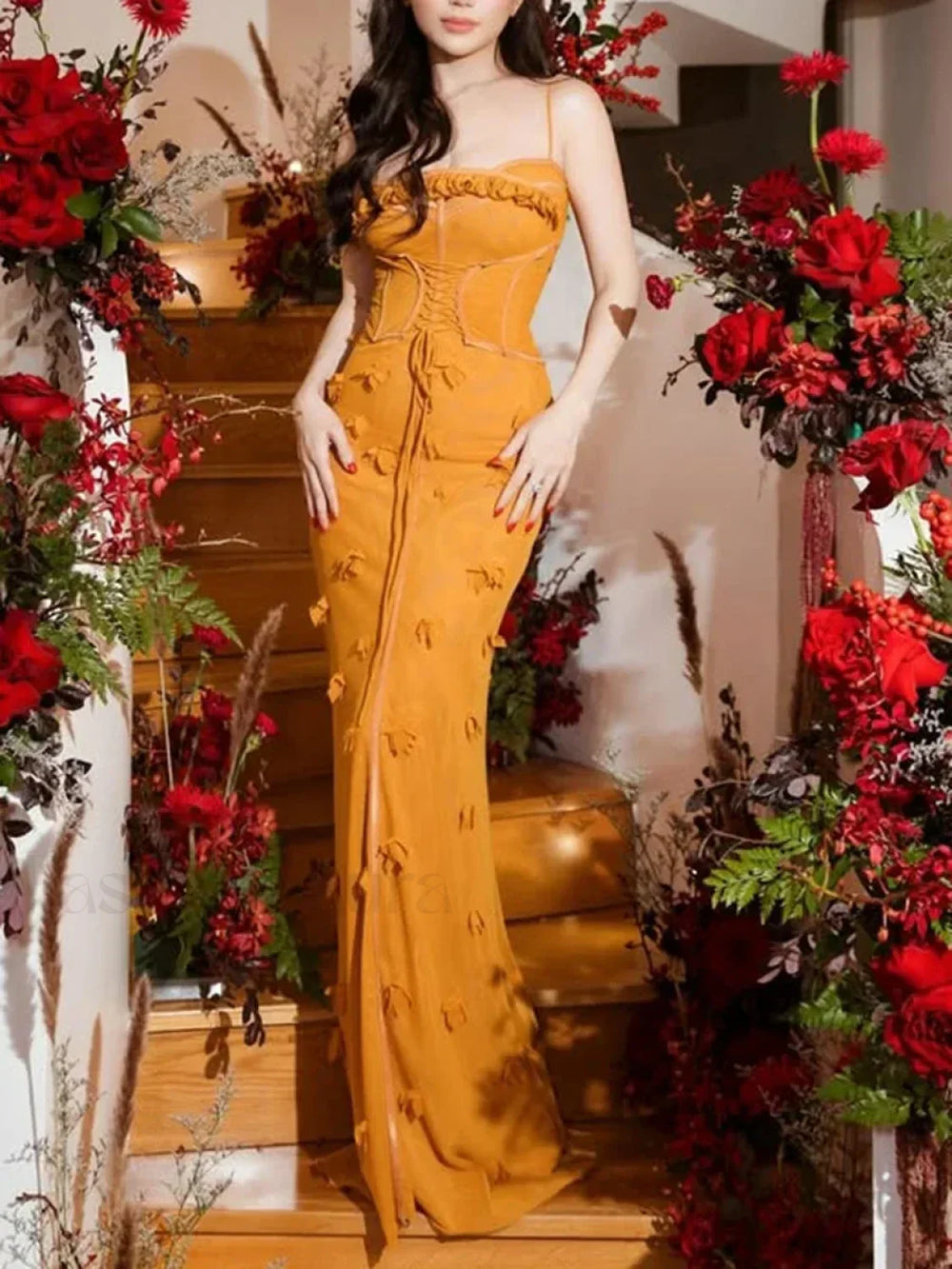 Applique Slim Slash Maxi Dress