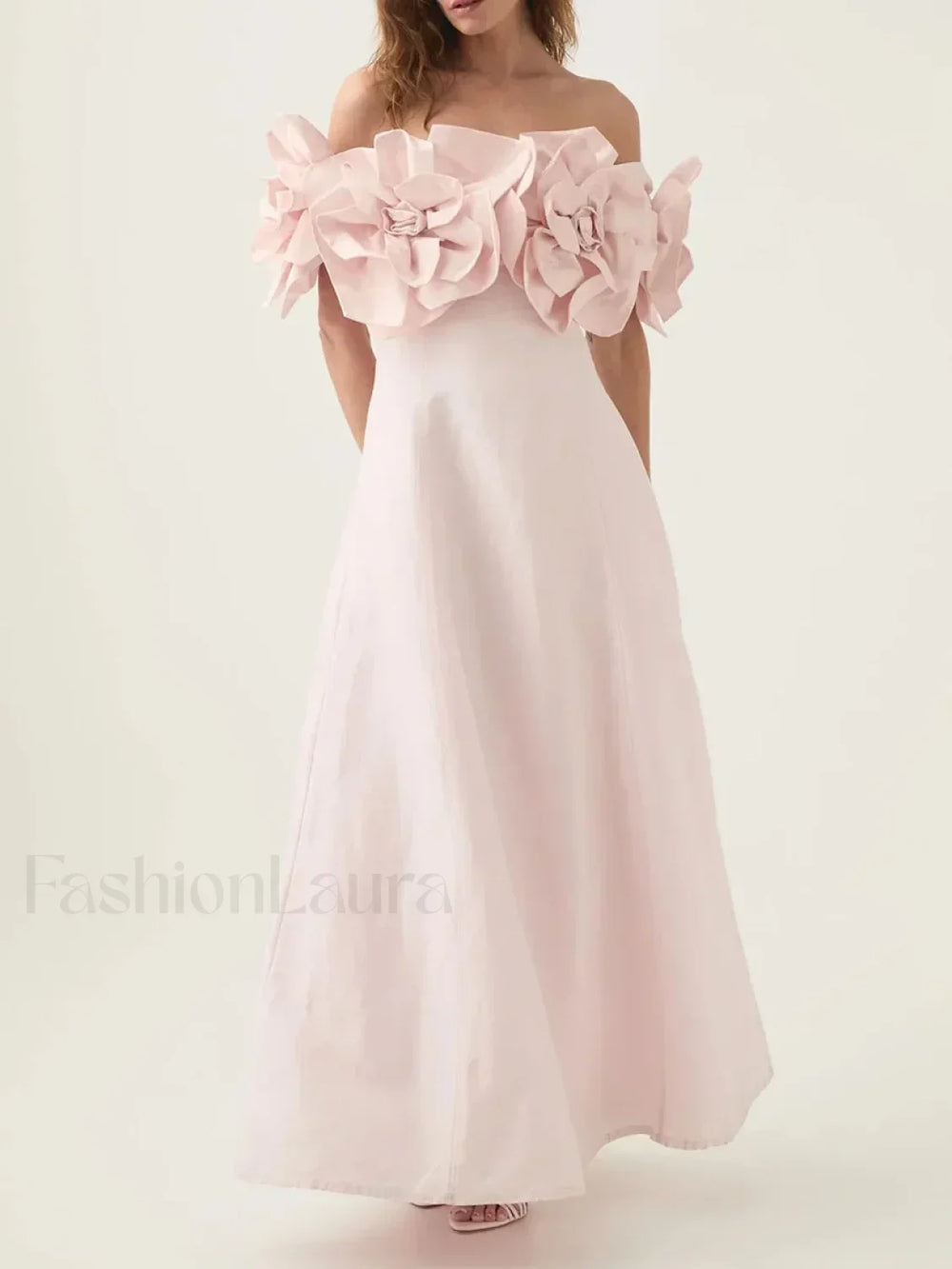 Applique Solid Slash Maxi Dress PINK / S