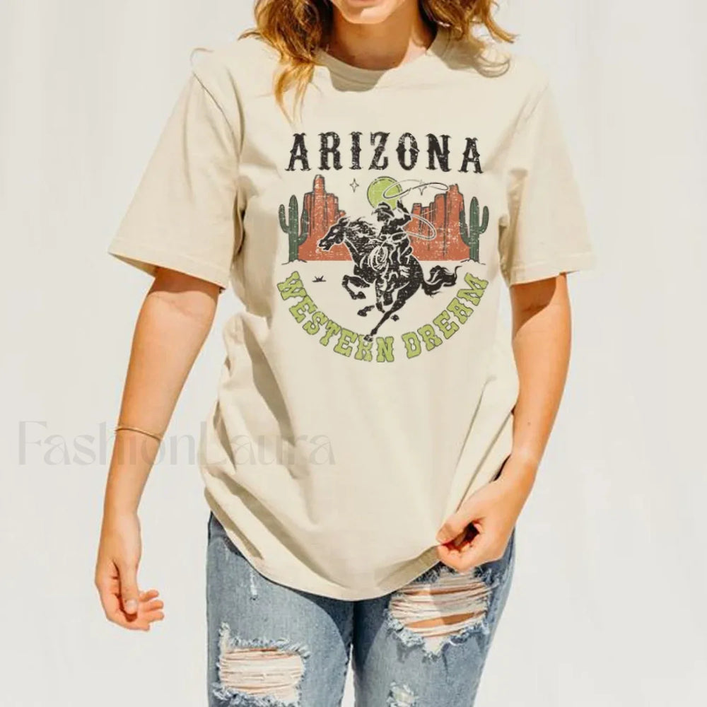 Arizona Cowboy Desert Cactus Western T Shirt Beige / S