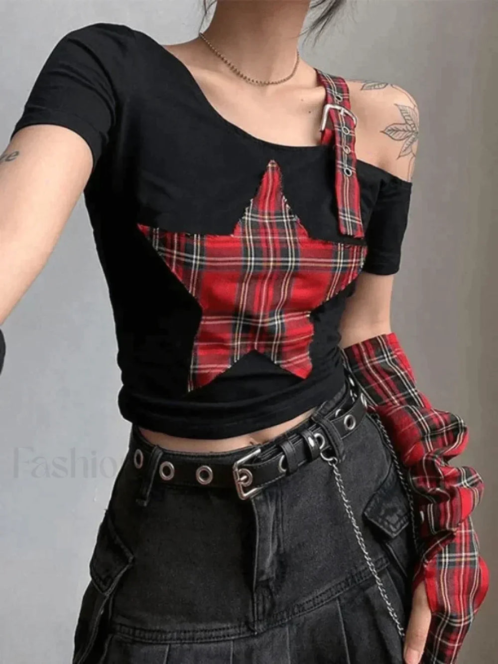 Arm Gloves Cold Shoulder Star Black Crop Top Tops&Tees