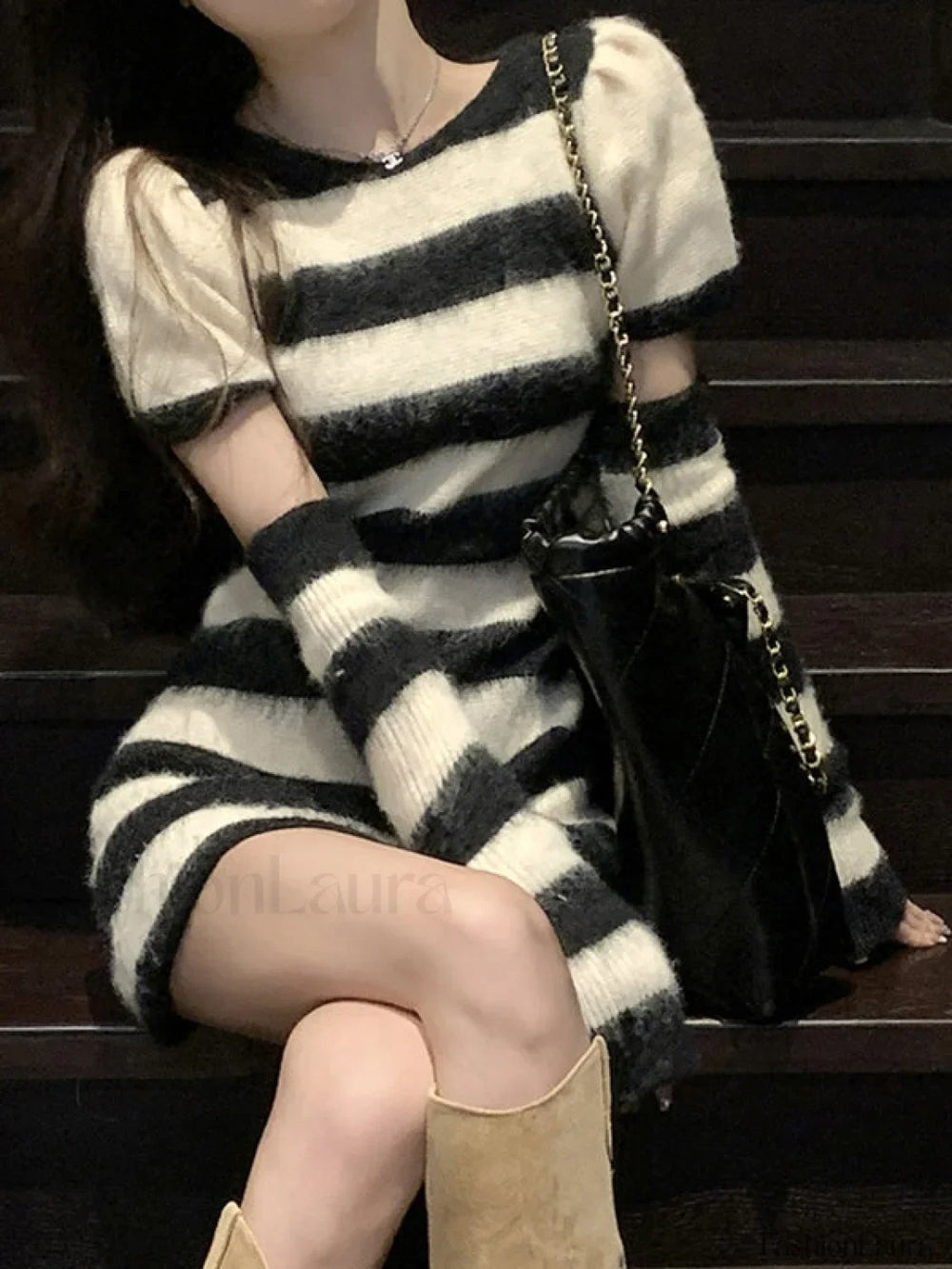 Arm Warmer Striped Fuzzy Knit Mini Dress Black / M Mini Dresses