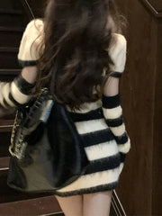 Arm Warmer Striped Fuzzy Knit Mini Dress Black / M Mini Dresses