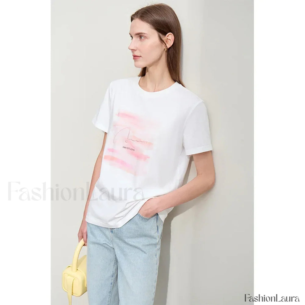 Art Letter Embroidery T Shirt Beige / S