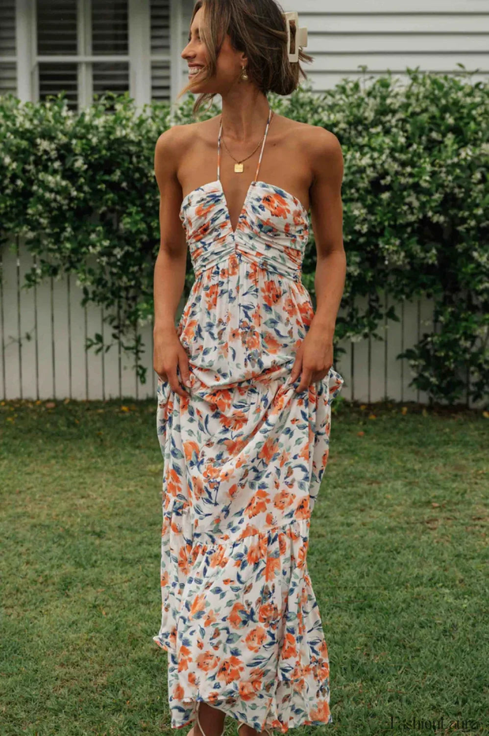 Asiah Halter Stylish Neck Maxi Dress S / Orange Floral