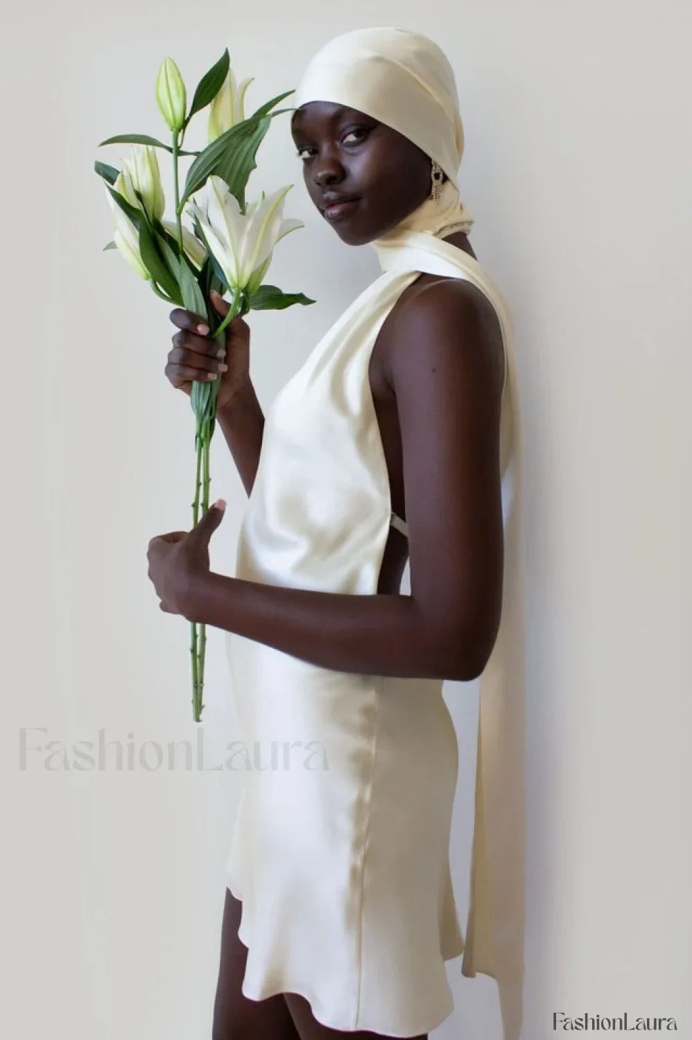 Astrella Neck Wrap Charming Midi A Line Dress L / Ivory