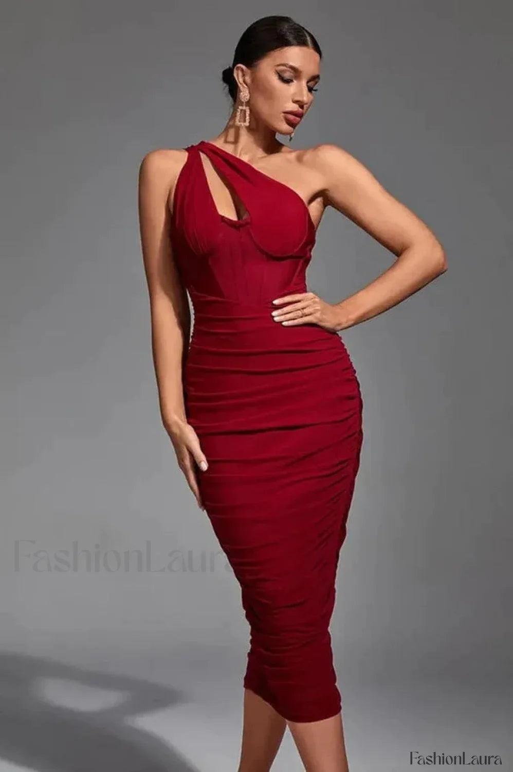 Asymmetric Cutout Stylish Midi Dress XS / Wine