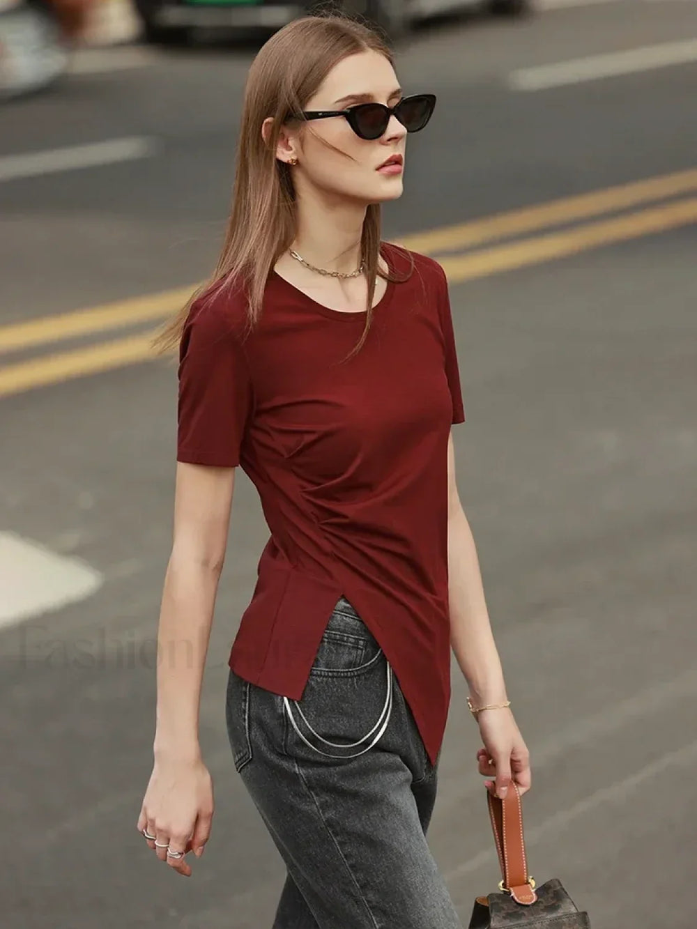 Asymmetric Neck Solid T Shirt