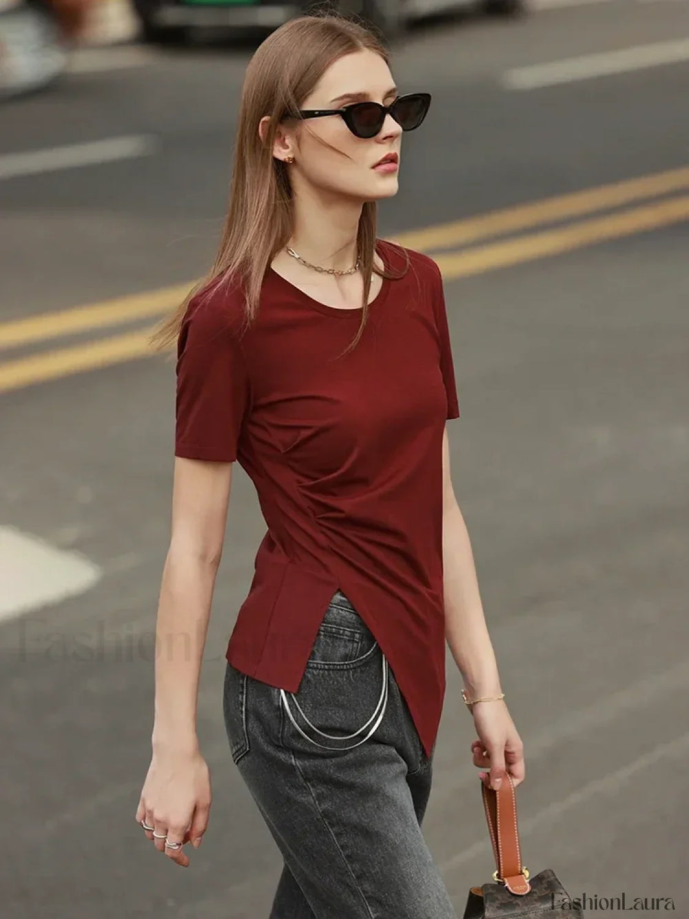 Asymmetric Neck Solid T Shirt