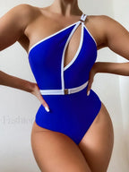 Asymmetric One Shoulder Backless One Piece blue / S