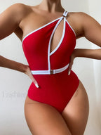 Asymmetric One Shoulder Backless One Piece red / S