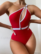 Asymmetric One Shoulder Backless One Piece red / S
