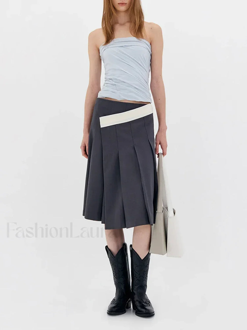 Asymmetric Striped Pleated Midi Skirt gray / S