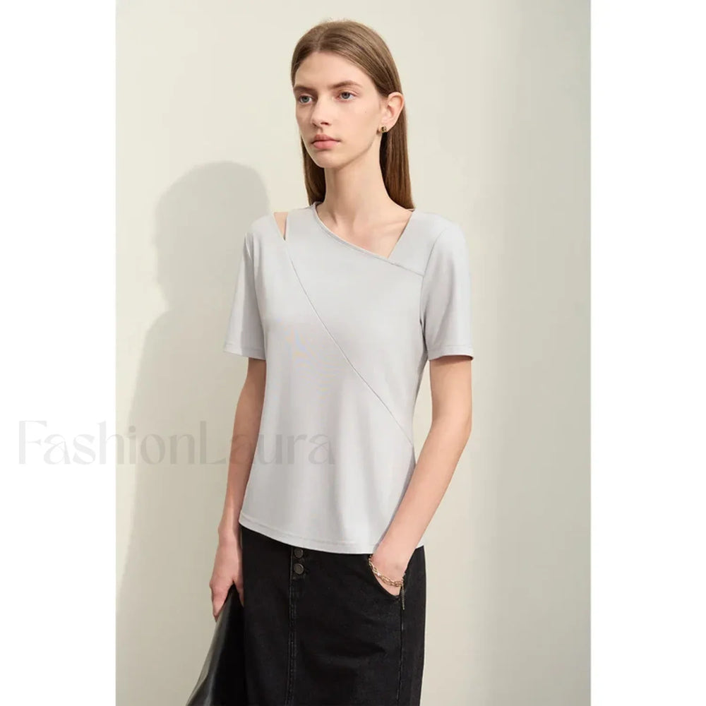 Asymmetric V Neck Stretch T Shirt Gray / S