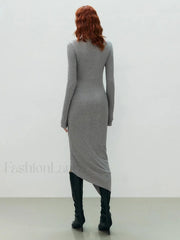 Asymmetrical Draped Cutout Crew Neck Classic Long Sleeve Midi Knit Dress Knit Dresses