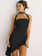 Asymmetrical Halter Lace Mini Dress