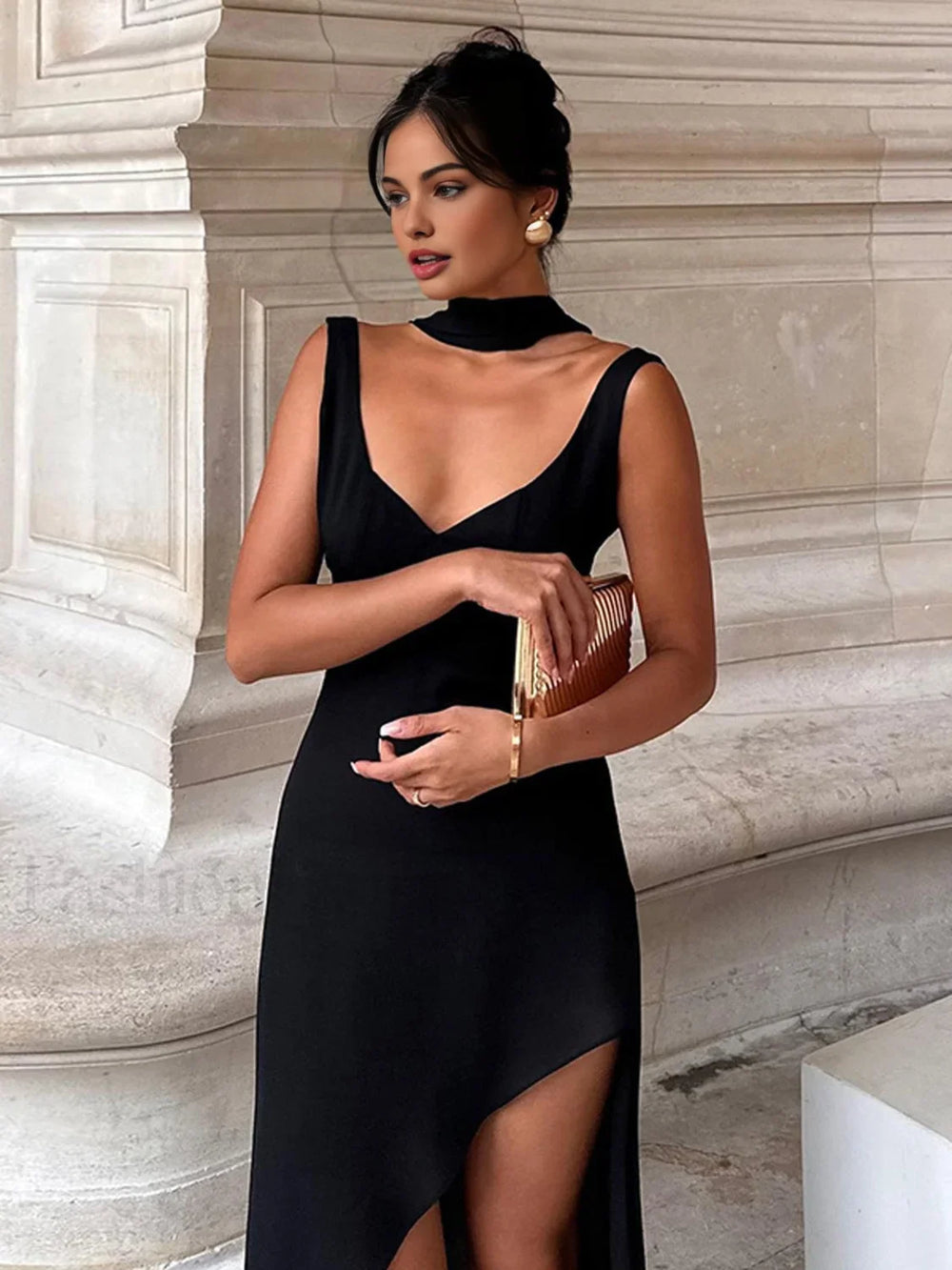 Asymmetrical Hem Backless Trendy Split Maxi Dress Black / XS Dresses