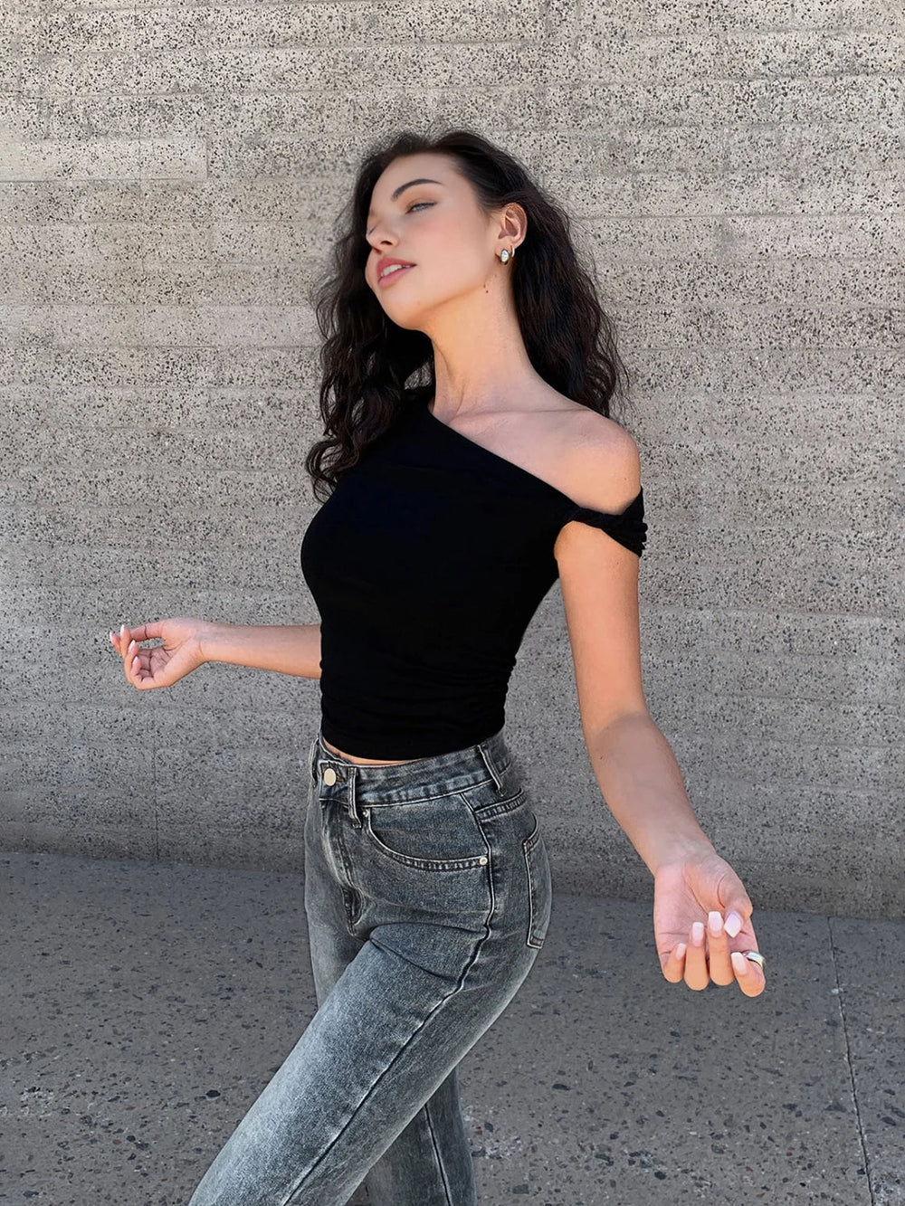 Asymmetrical Neck One Shoulder Off Top T Shirts