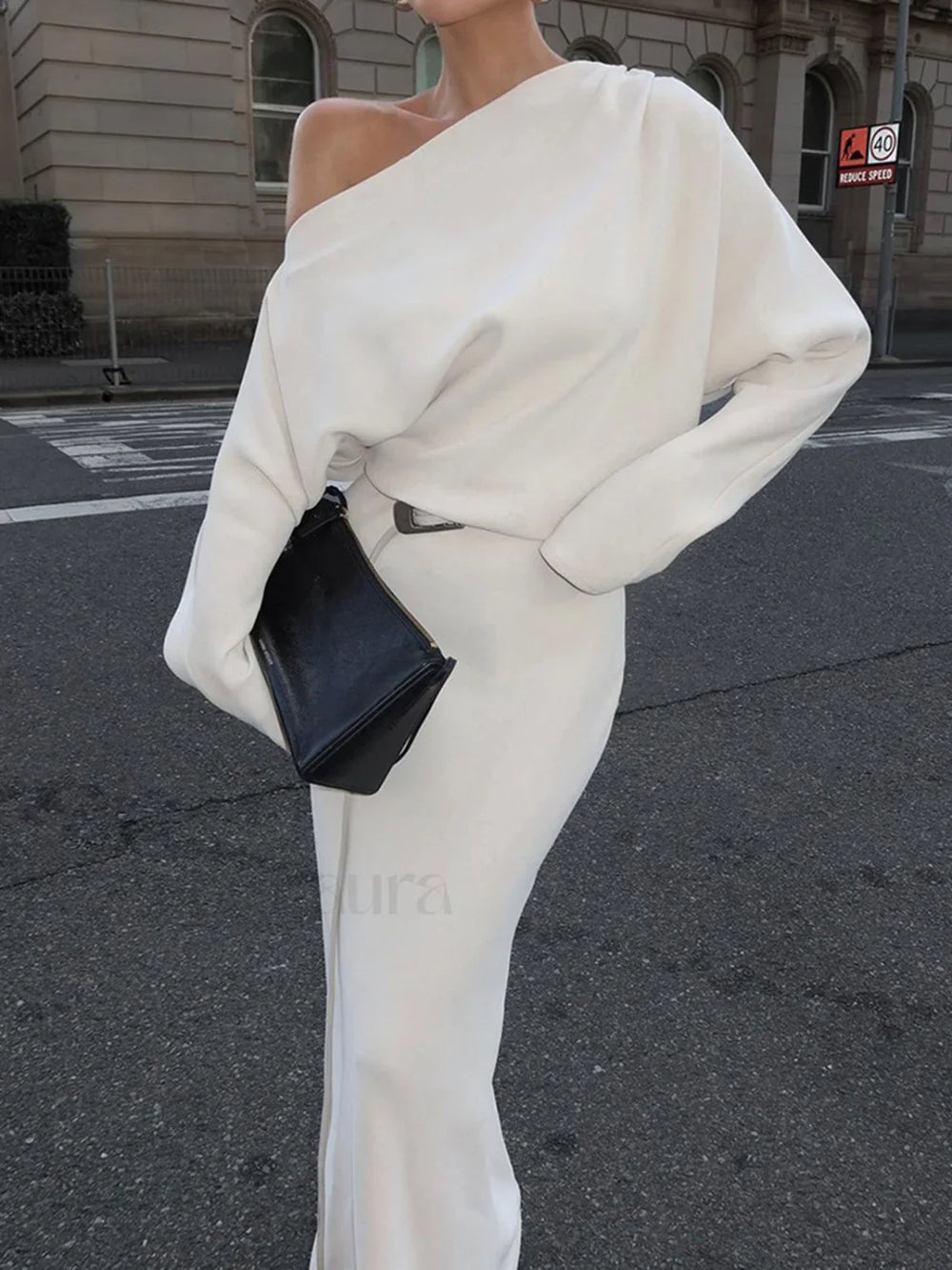 Asymmetrical Off Shoulder Solid Modern Long Sleeve Maxi Dress White / XS Dresses