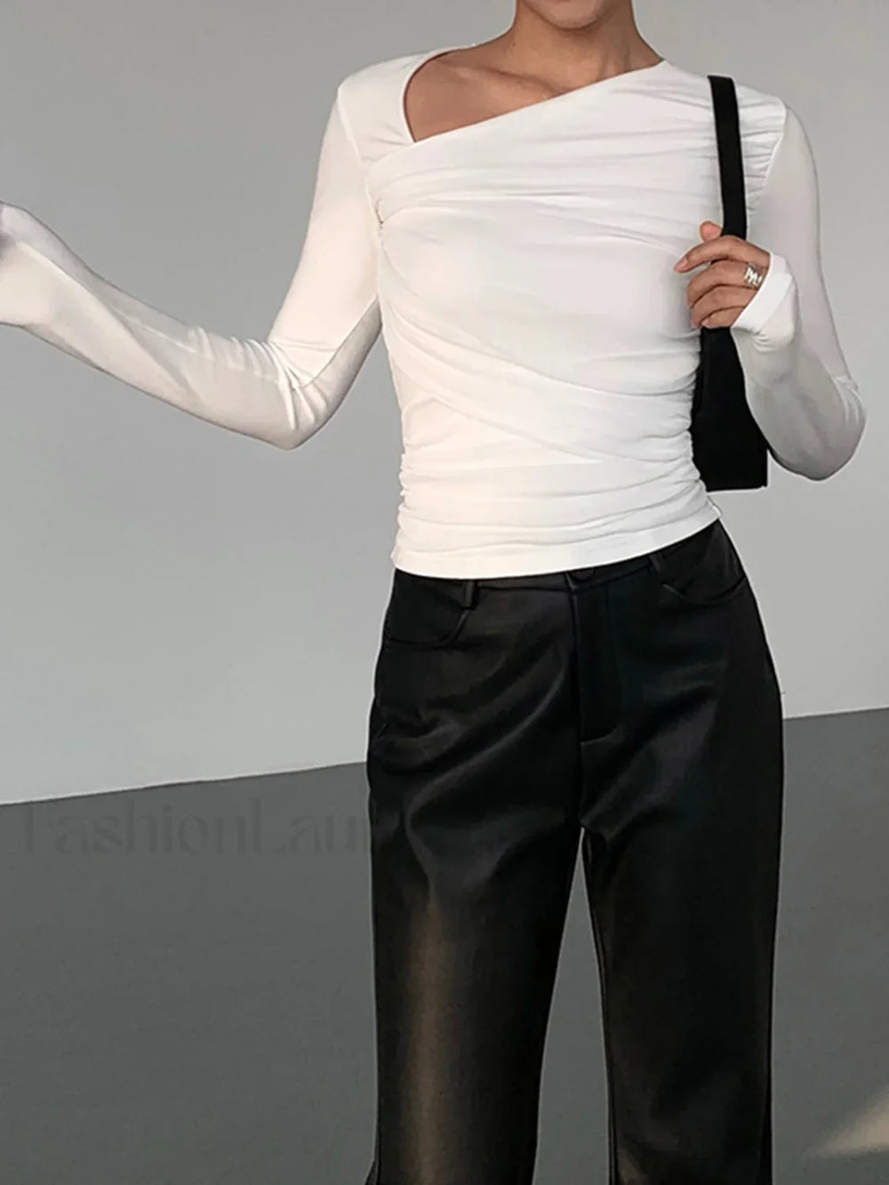 Asymmetrical Patchwork Ribbed Trendy Knit Ruched Mesh Top T Shirts