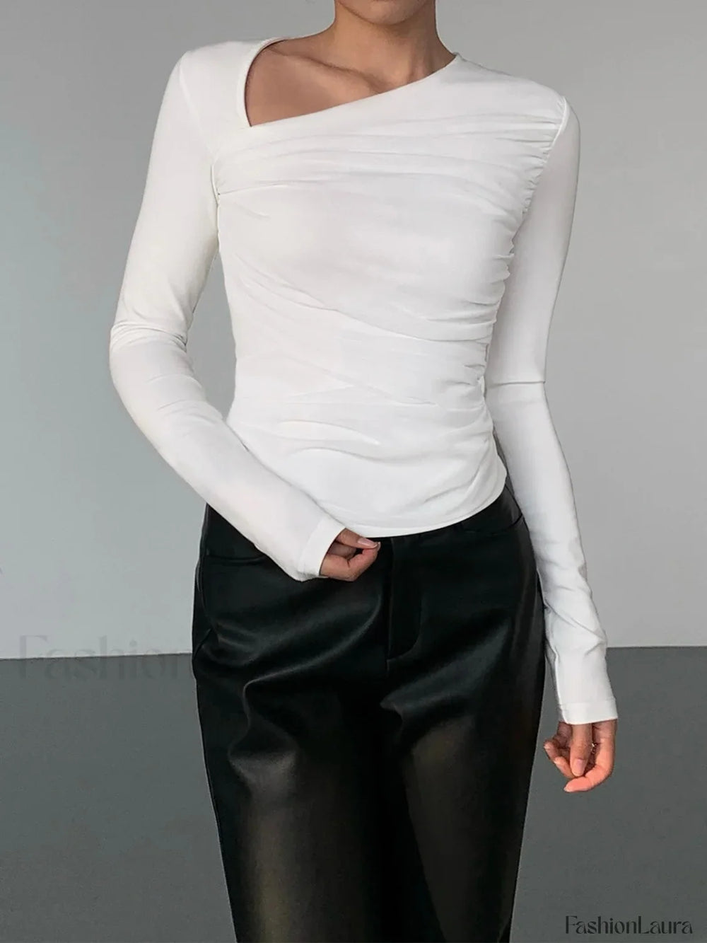 Asymmetrical Patchwork Ribbed Trendy Knit Ruched Mesh Top T Shirts