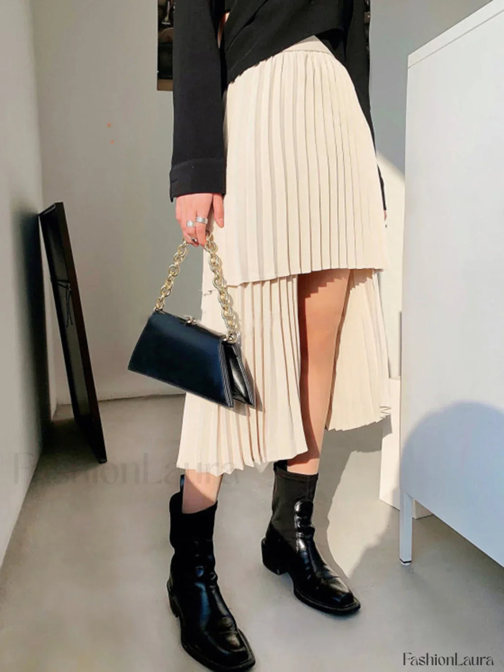 Asymmetrical Pleated Graceful Layered Midi Skirt Off White / XS Skirts