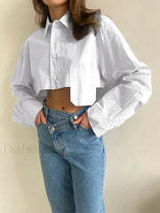 Asymmetrical Pocket Button Trendy Collar Crop Shirt Shirts