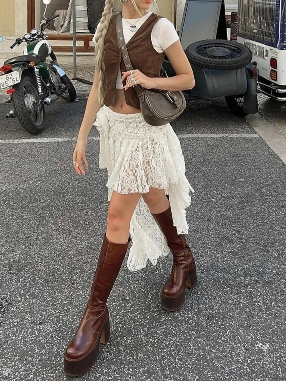 Asymmetrical Stitched Lace Skirt