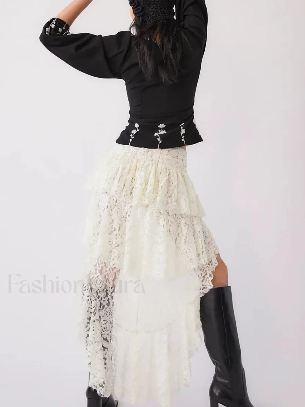 Asymmetrical Stitched Lace Skirt
