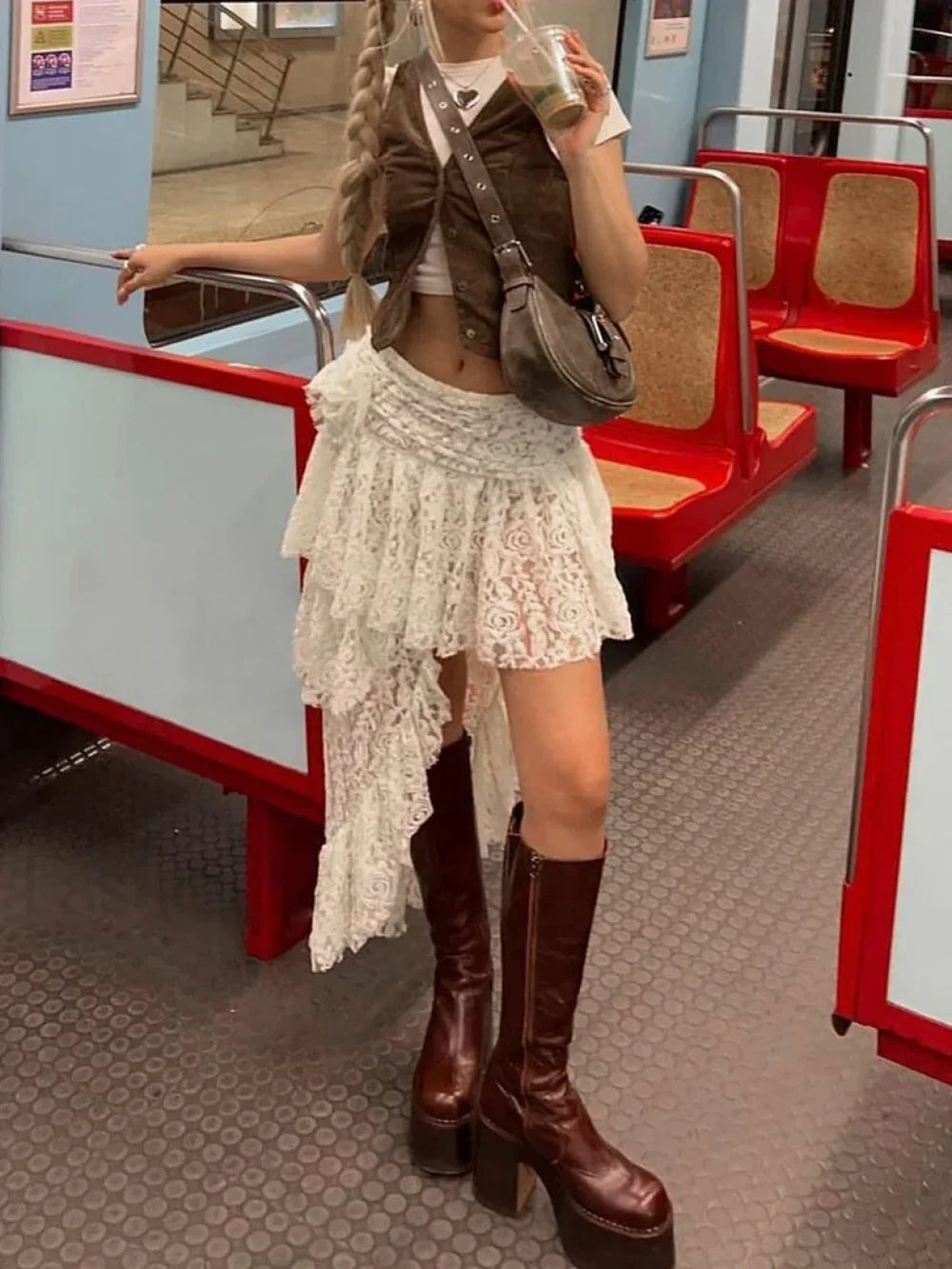 Asymmetrical Stitched Lace Skirt