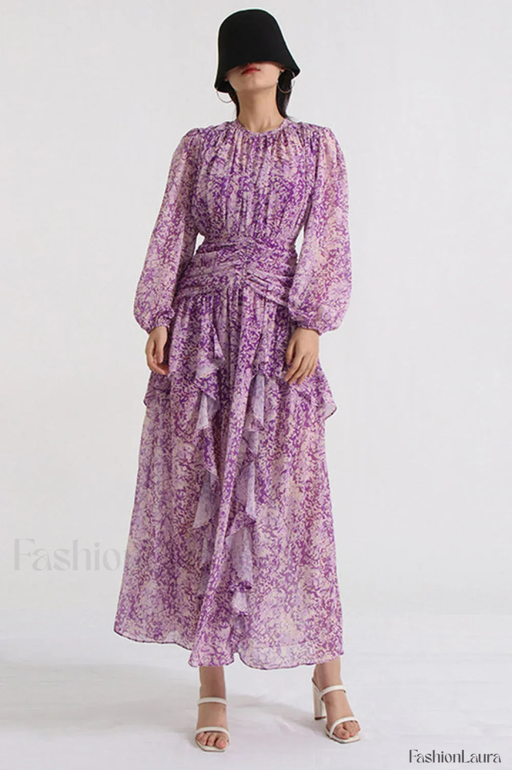 Aurier Round Neck Charming Balloon Sleeve Maxi Dress S / Aurier Print