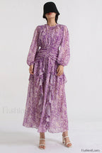 Aurier Round Neck Charming Balloon Sleeve Maxi Dress S / Aurier Print