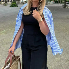 Autumn Blue White Striped Single Breasted Casual Blouse