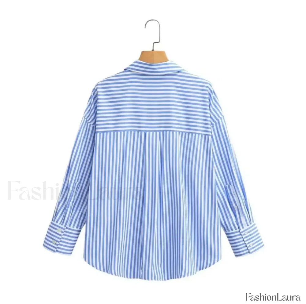 Autumn Blue White Striped Single Breasted Casual Blouse