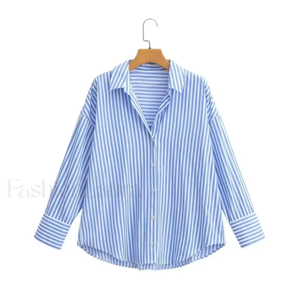 Autumn Blue White Striped Single Breasted Casual Blouse