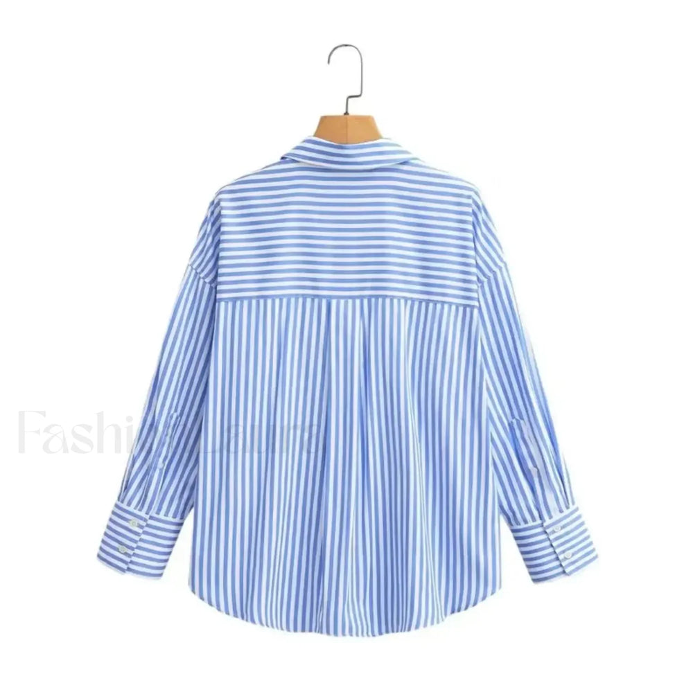 Autumn Blue White Striped Single Breasted Casual Blouse